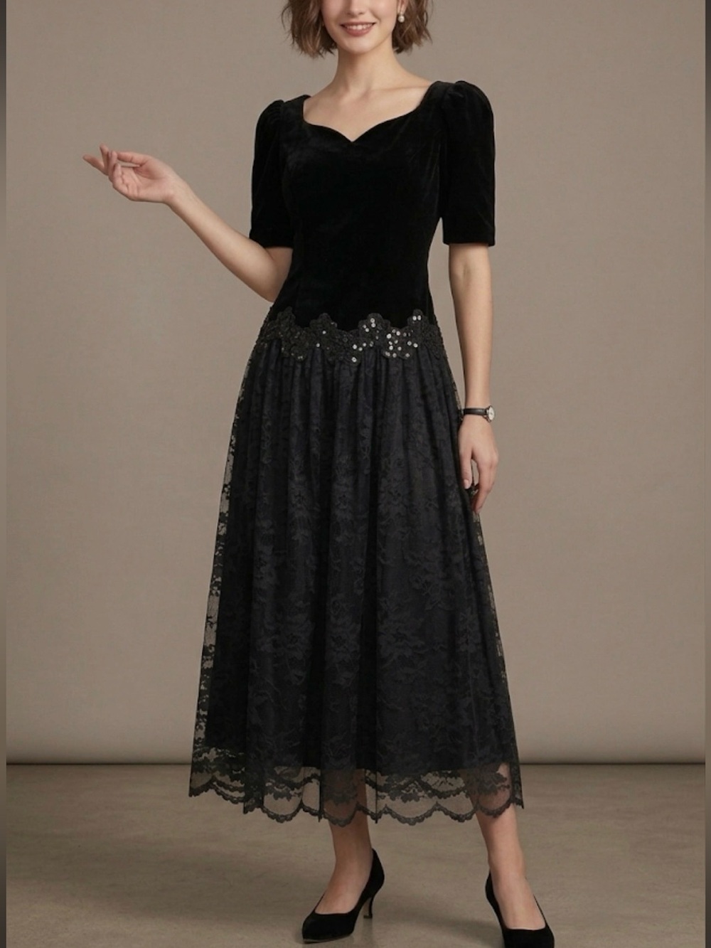 Vintage 80s Cachet by Bari Protas Black Velvet Puff Sleeve Lace Dress M Retro